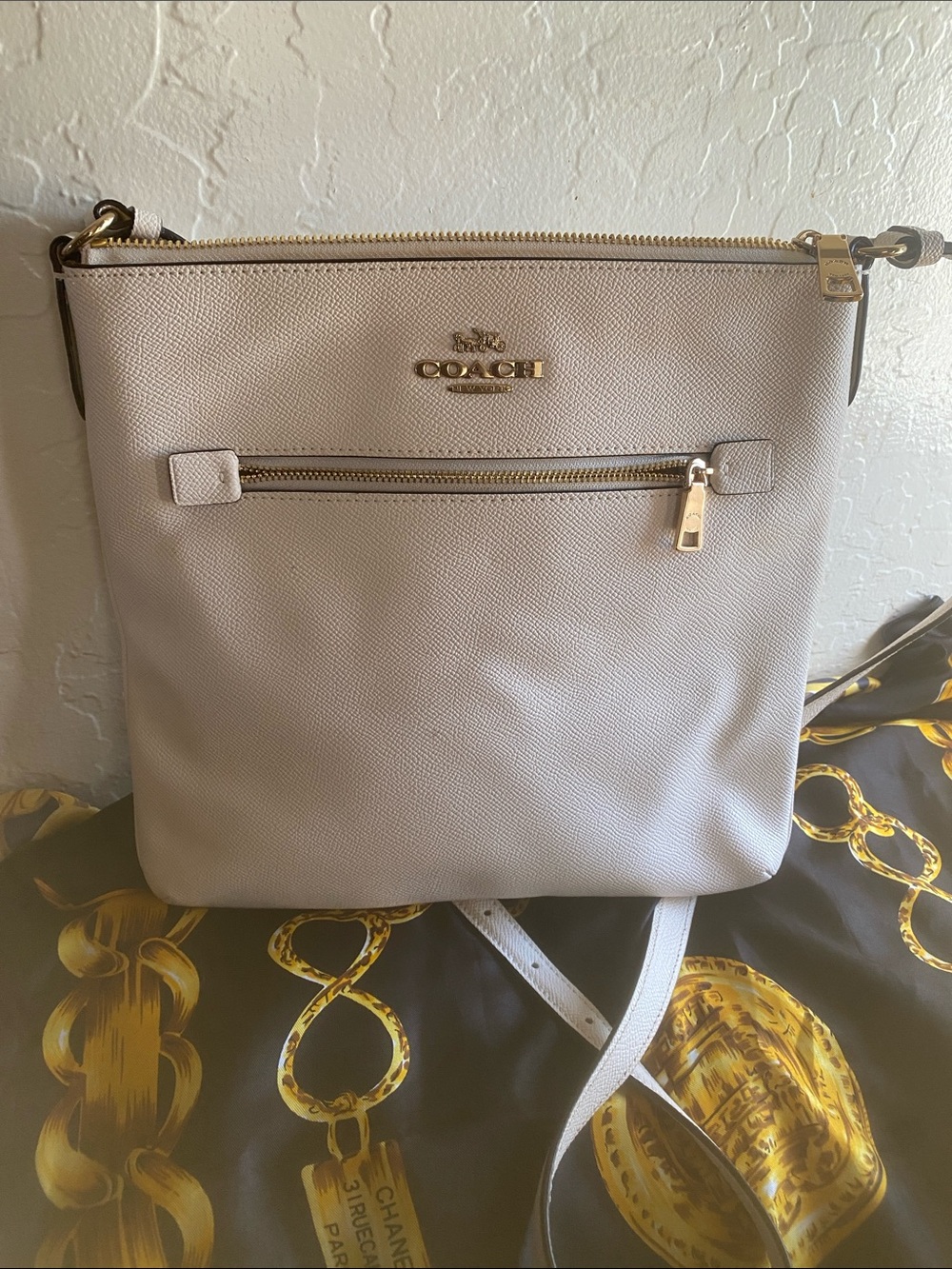 Coach Pebble Leather Crossbody Bag in Light Taupe:Coach Rowan